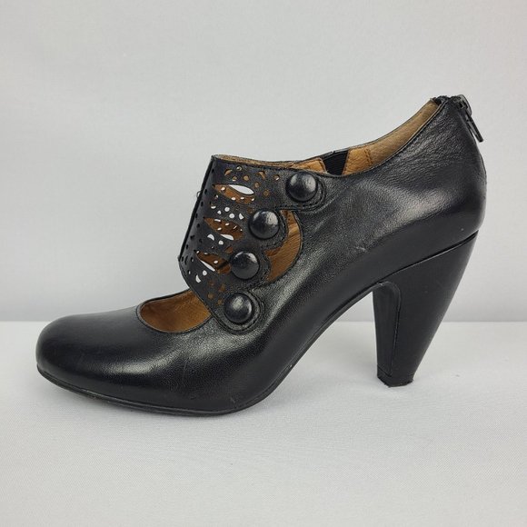Miz Mooz Shoes - Miz Mooz Sharon Black Leather Heeled Laser Cut Mary Jane Heels Size 9